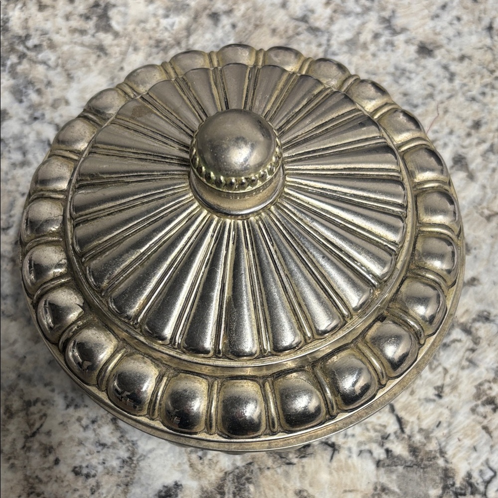 Vintage Silver-toned Trinket Box with red satin lining, 6” round